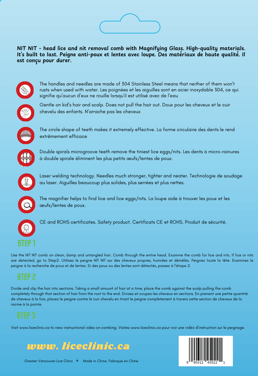 Nit Nit Premium Lice Comb - Stainless Steel Microgroove with Magnifying Glass